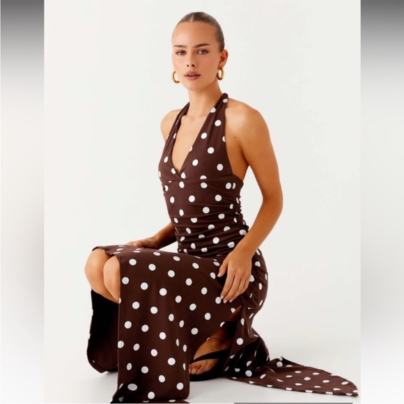 Peppermayo Dresses & Skirts - Peppermayo Keylani Halter Midi Dress Chocolate White Polka Dot US 0